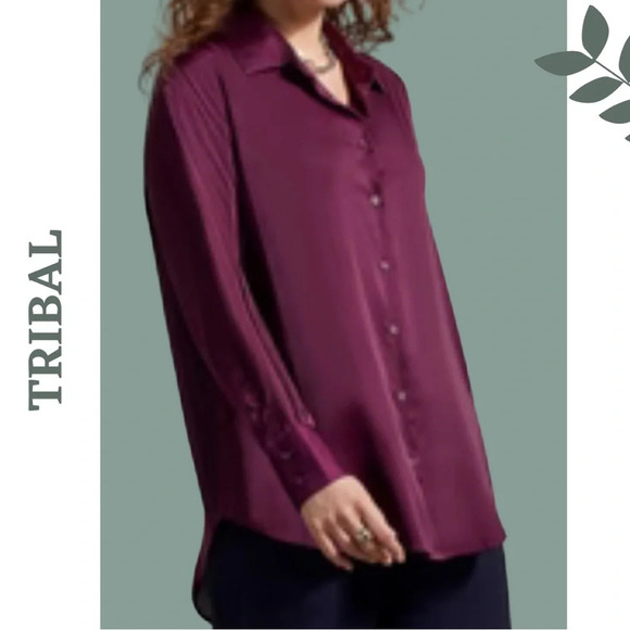 Tribal Black Orchid Long Sleeve Button Down  Satin Shirt Purple Collared - Picture 1 of 9